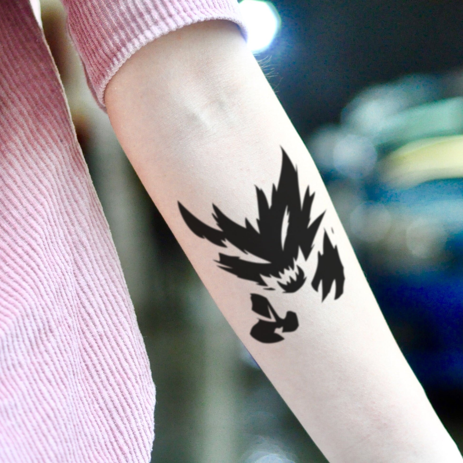 fake small haunter pokemon cartoon temporary tattoo sticker design idea on inner arm