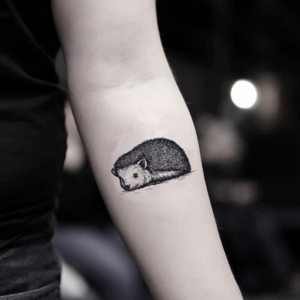 fake small hedgehog animal temporary tattoo sticker design idea on inner arm