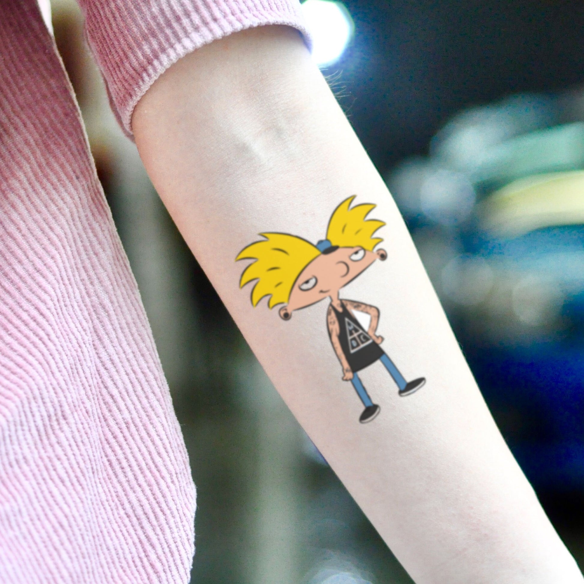 fake small hey arnold! cartoon temporary tattoo sticker design idea on inner arm