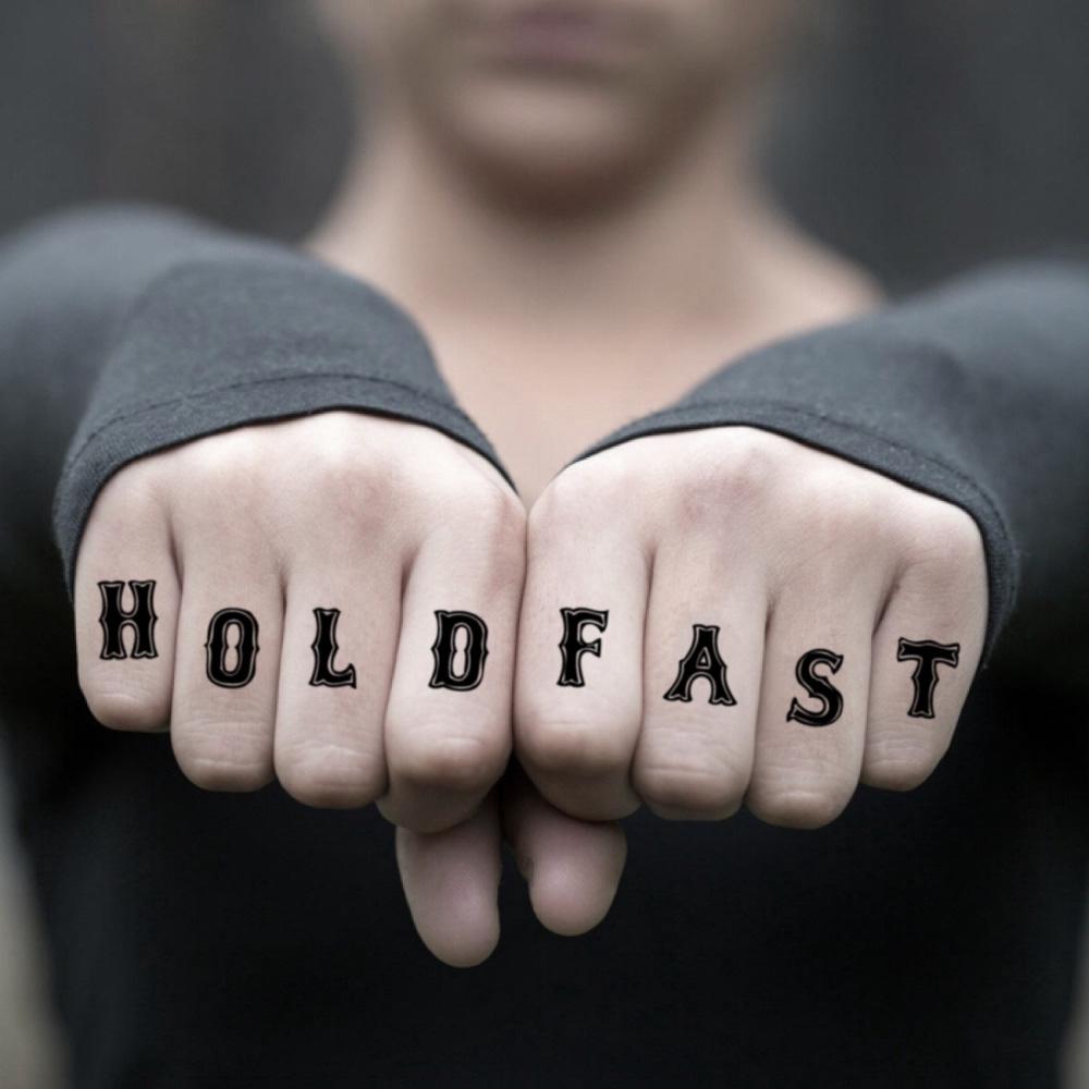 fake small hold fast lettering temporary tattoo sticker design idea on finger