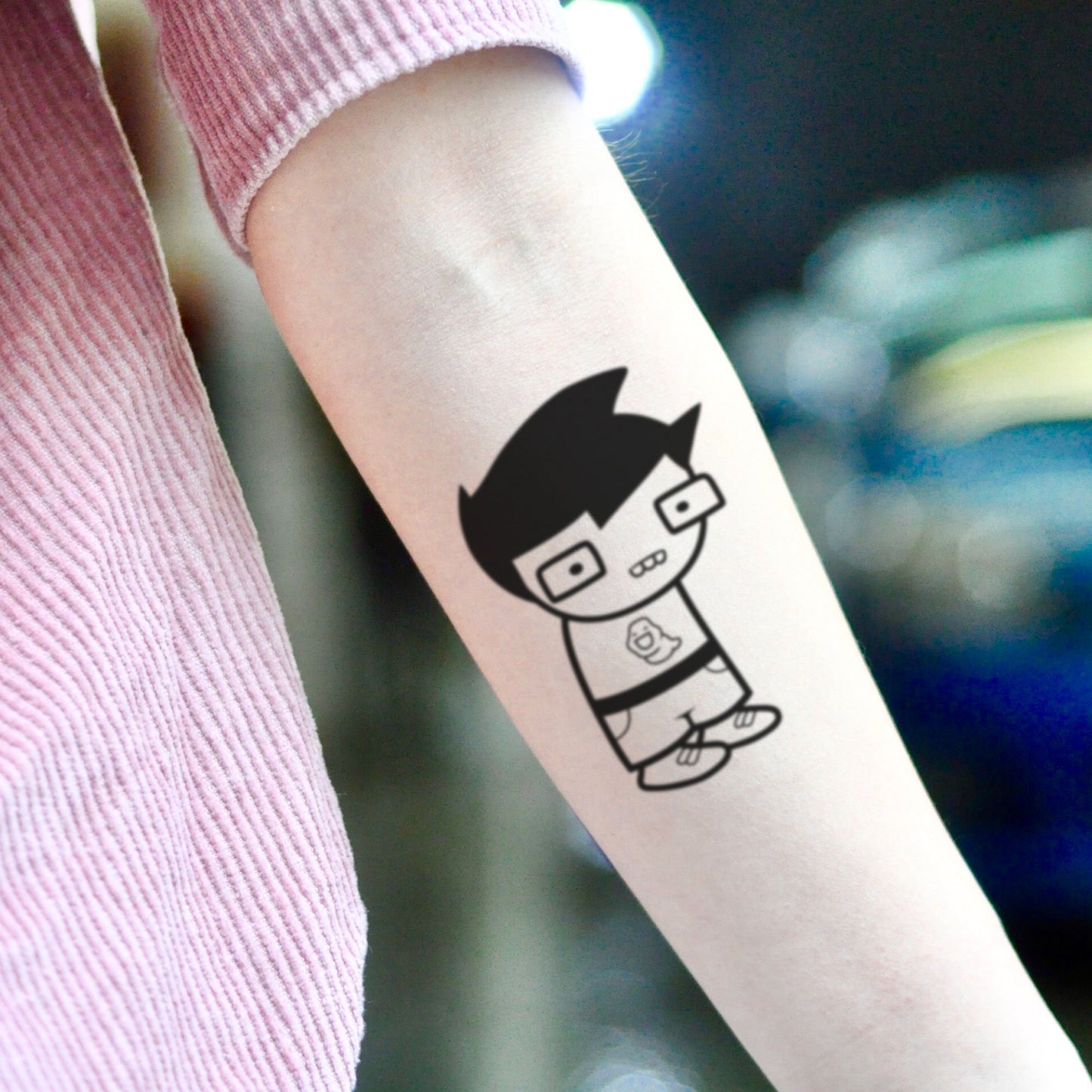 fake small homestuck cartoon temporary tattoo sticker design idea on inner arm