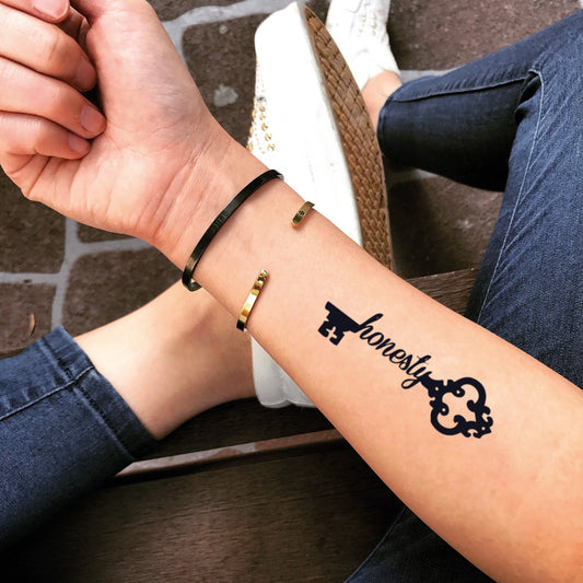 fake small honesty illustrative temporary tattoo sticker design idea on forearm