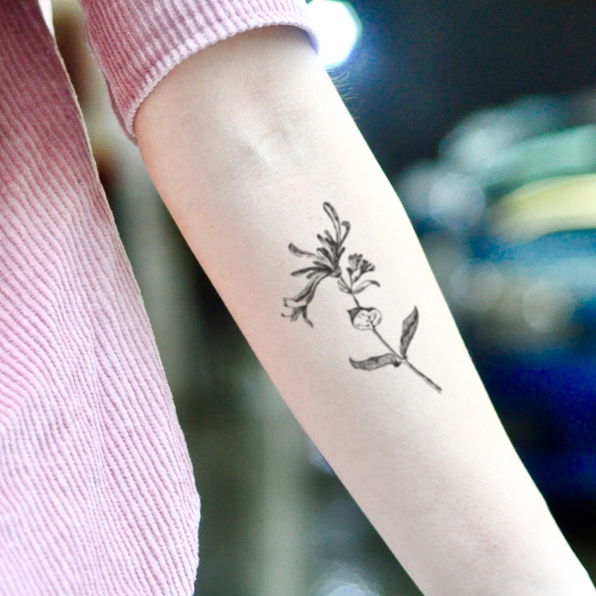 fake small honeysuckle flower temporary tattoo sticker design idea on inner arm