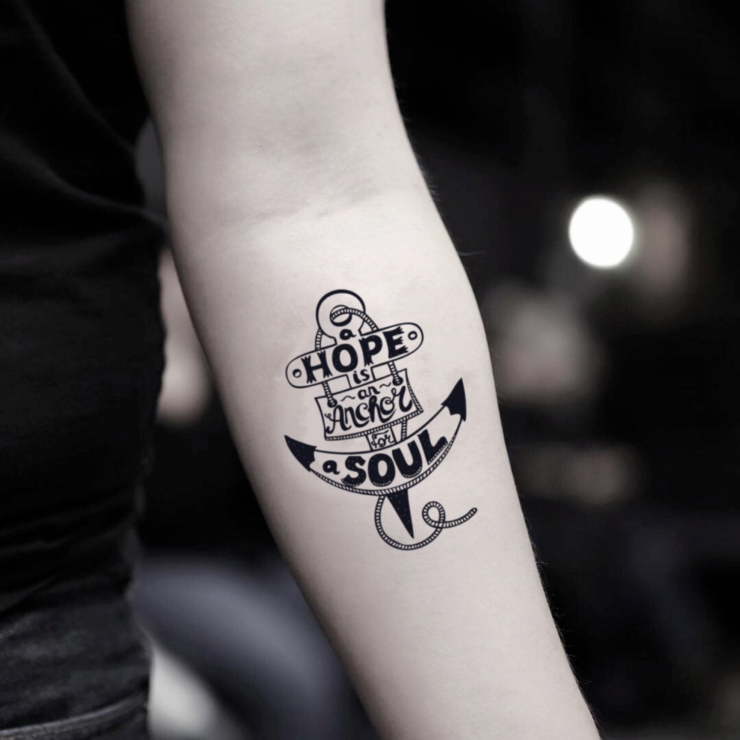 fake small hope anchors the soul lettering temporary tattoo sticker design idea on inner arm