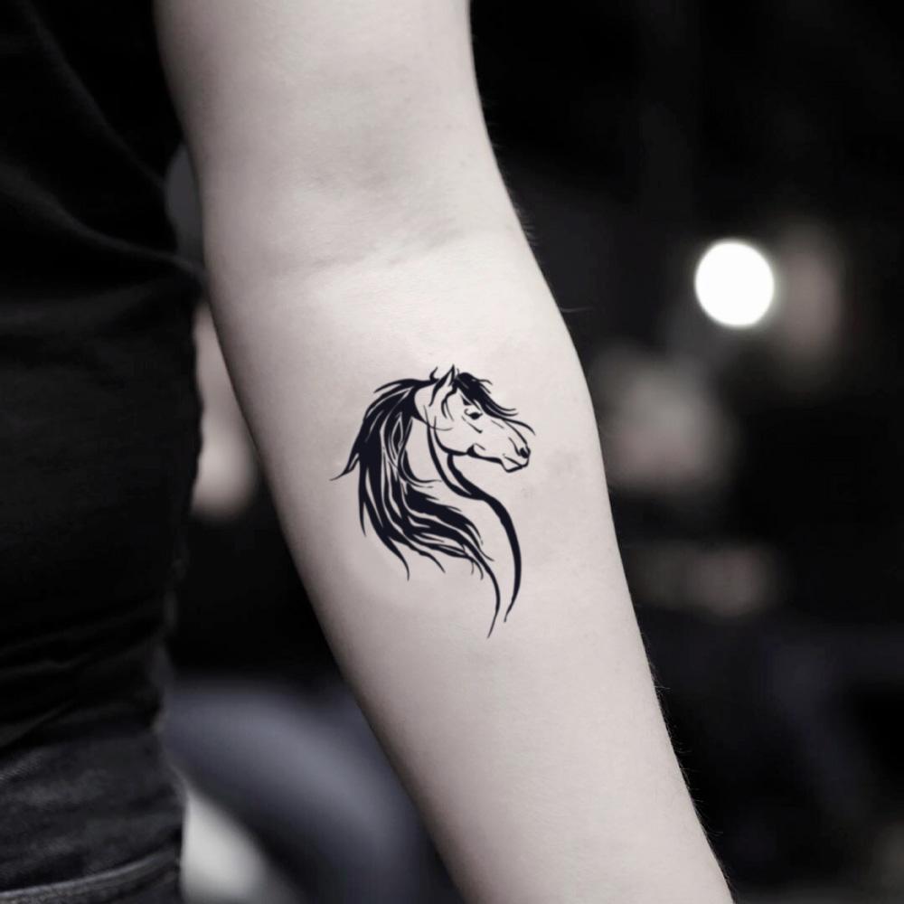 fake small horse head animal temporary tattoo sticker design idea on inner arm