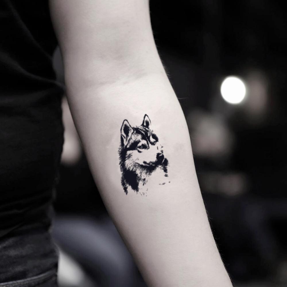 fake small siberian husky animal temporary tattoo sticker design idea on inner arm