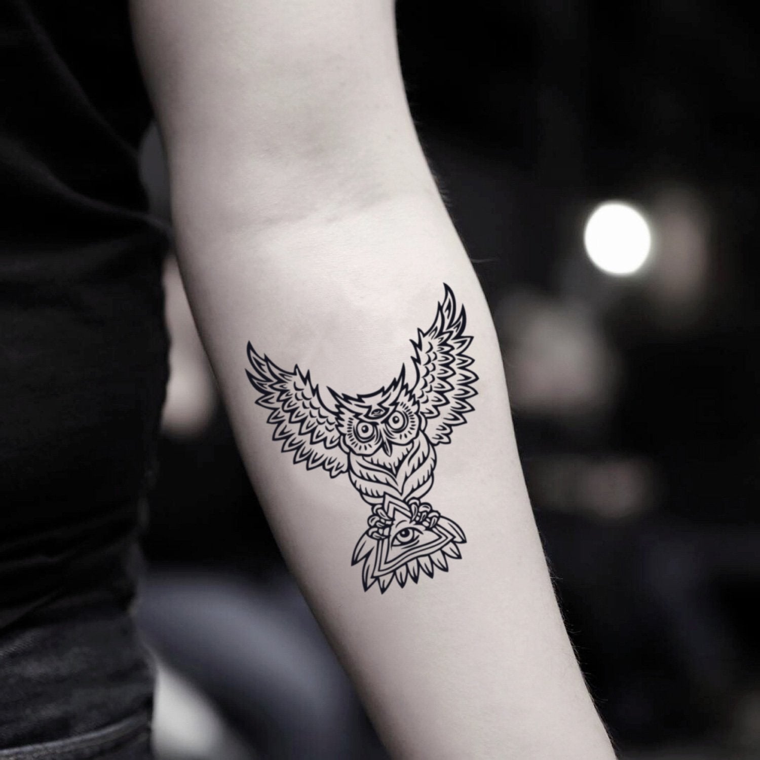 fake small illuminati owl animal temporary tattoo sticker design idea on inner arm