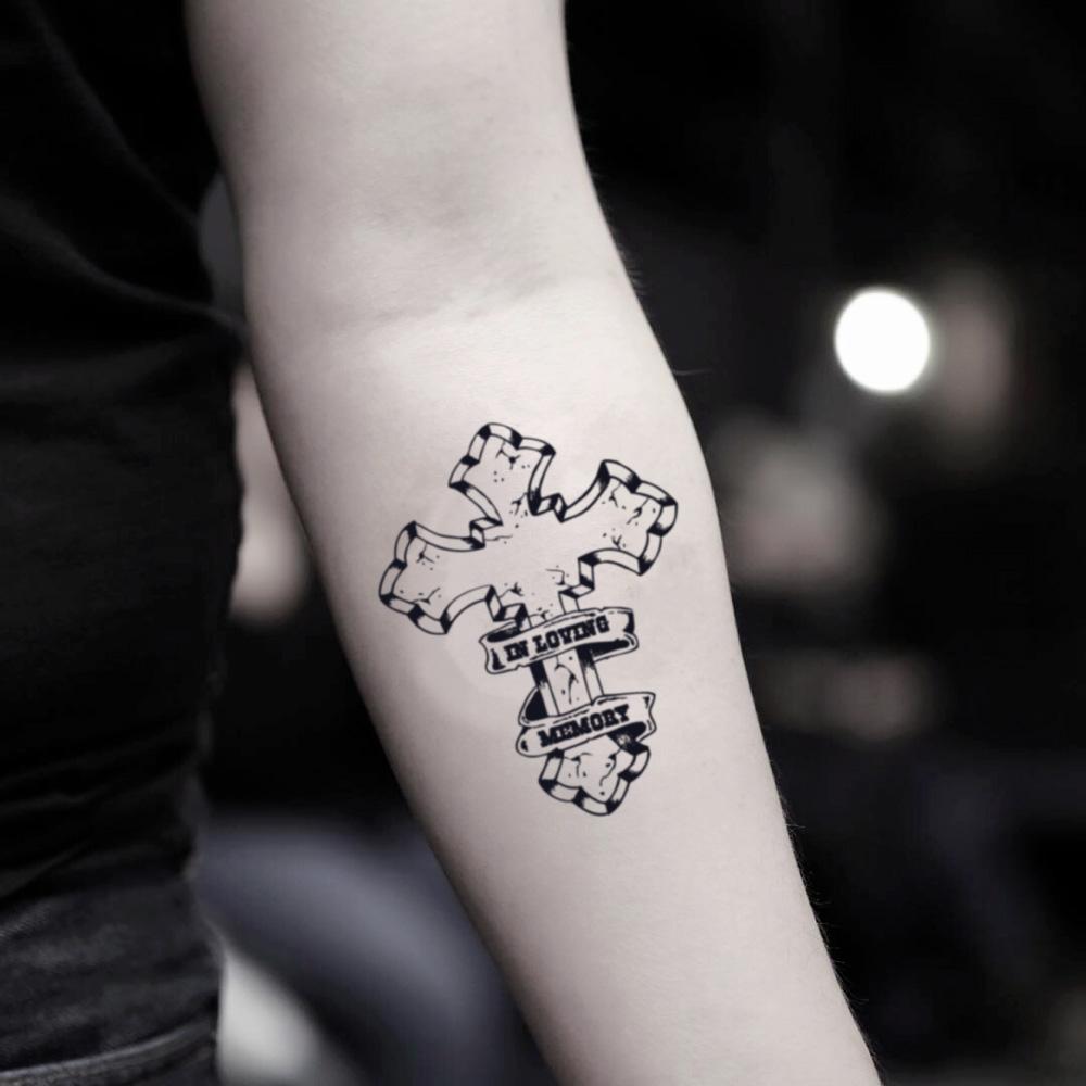 fake small in loving memory rip cross illustrative temporary tattoo sticker design idea on inner arm