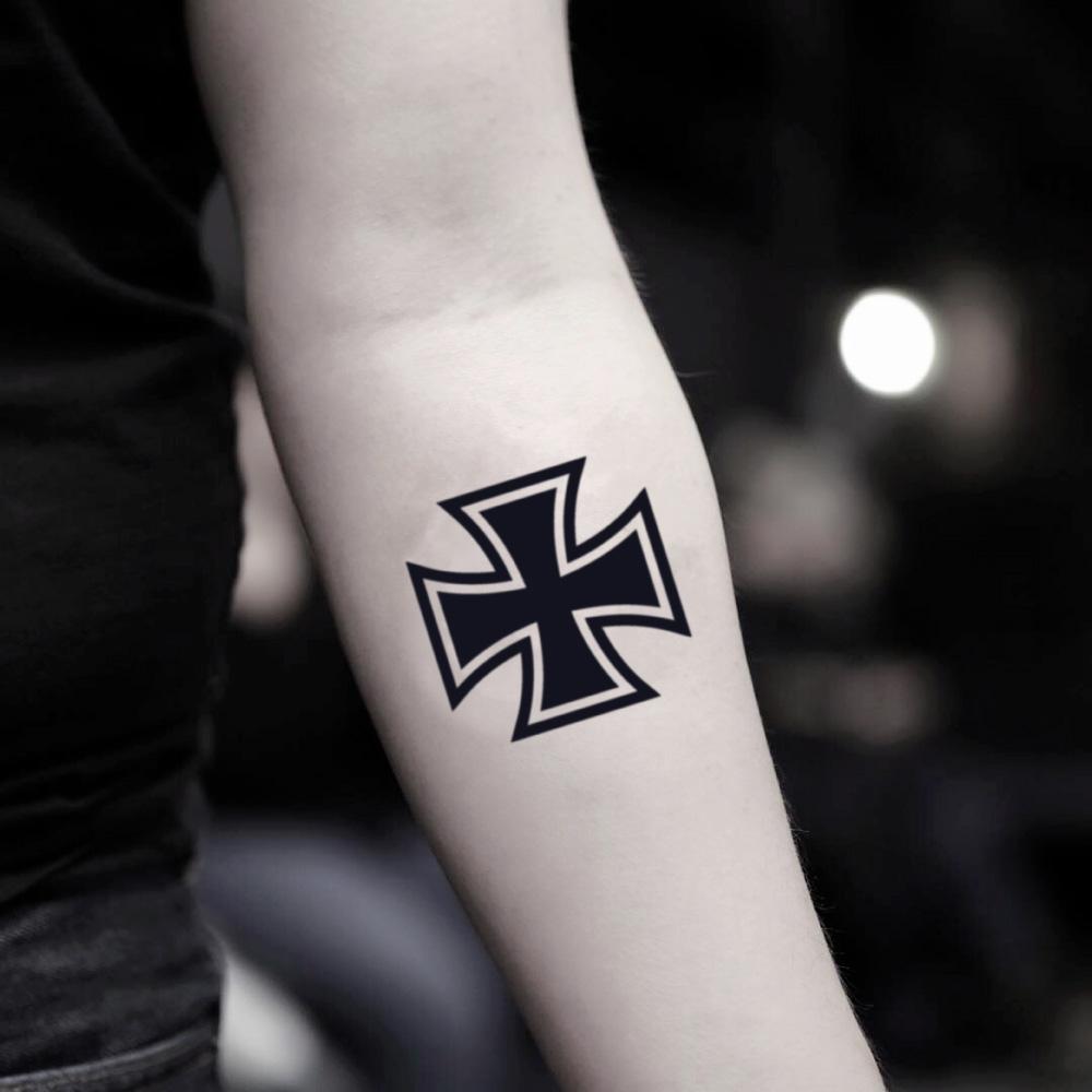 fake small iron german cross geometric temporary tattoo sticker design idea on inner arm