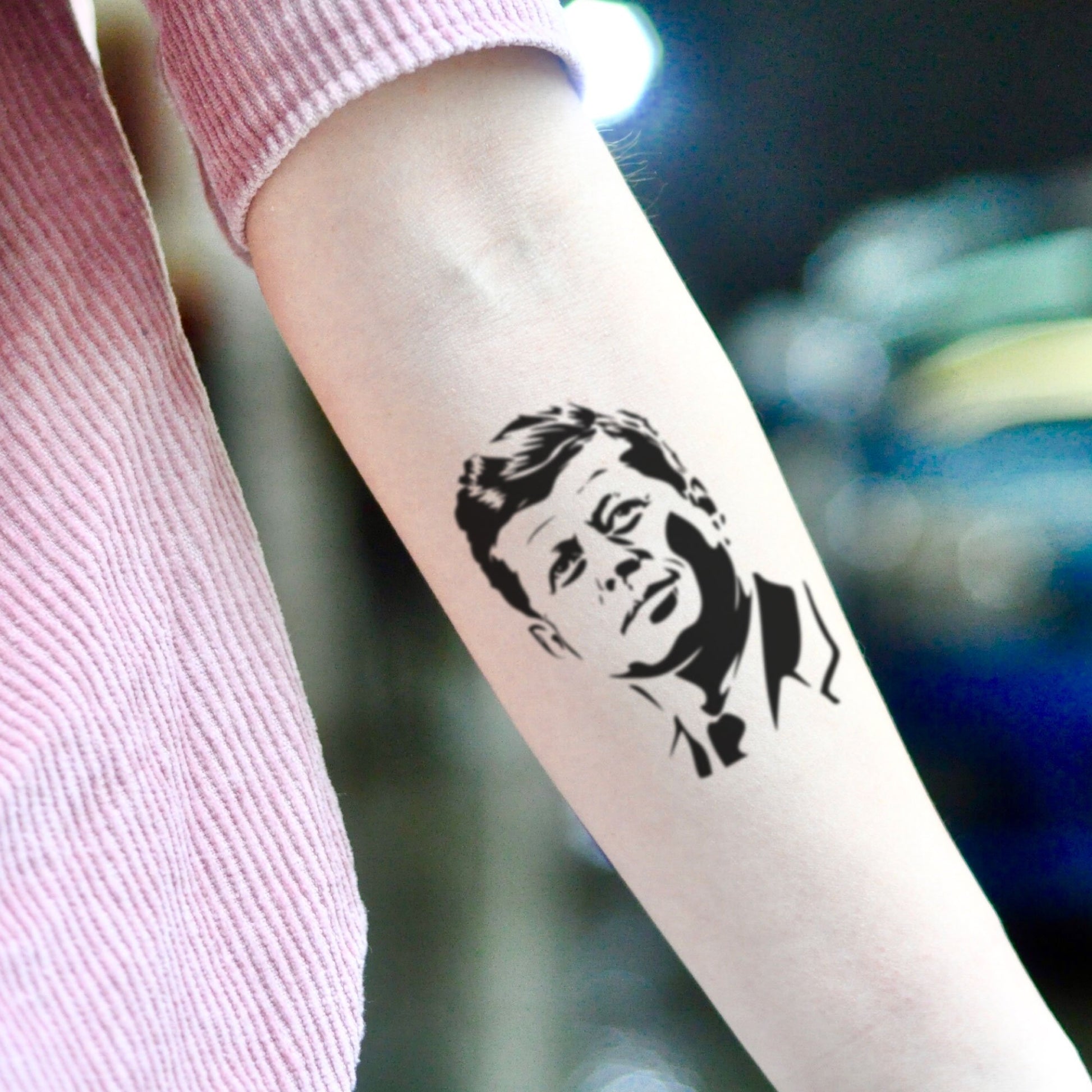 fake small jfk john f kennedy portrait temporary tattoo sticker design idea on inner arm
