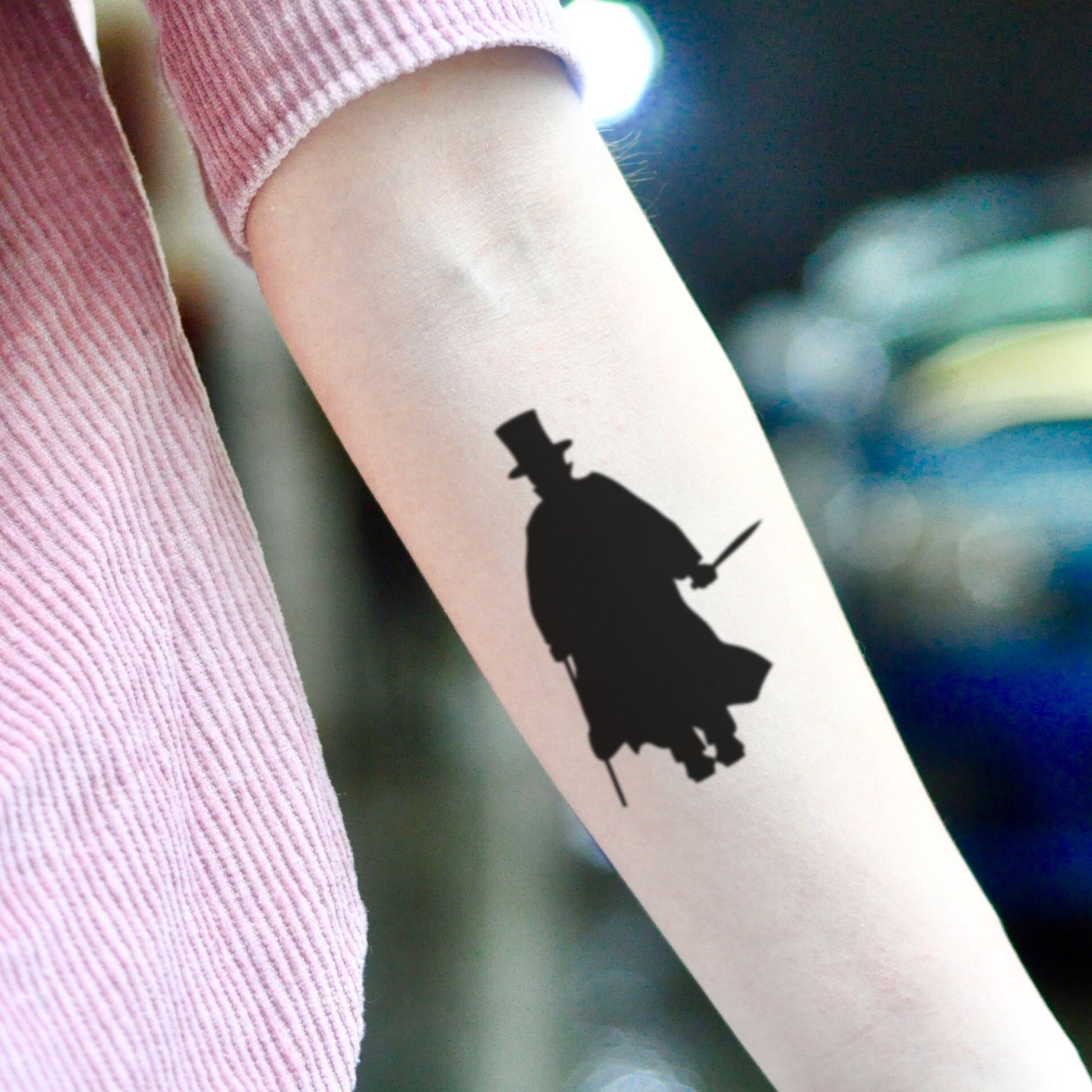 fake small jack the ripper minimalist temporary tattoo sticker design idea on inner arm