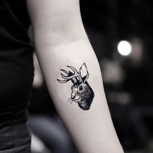 fake small jackalope hare killer mad rabbit animal temporary tattoo sticker design idea on inner arm