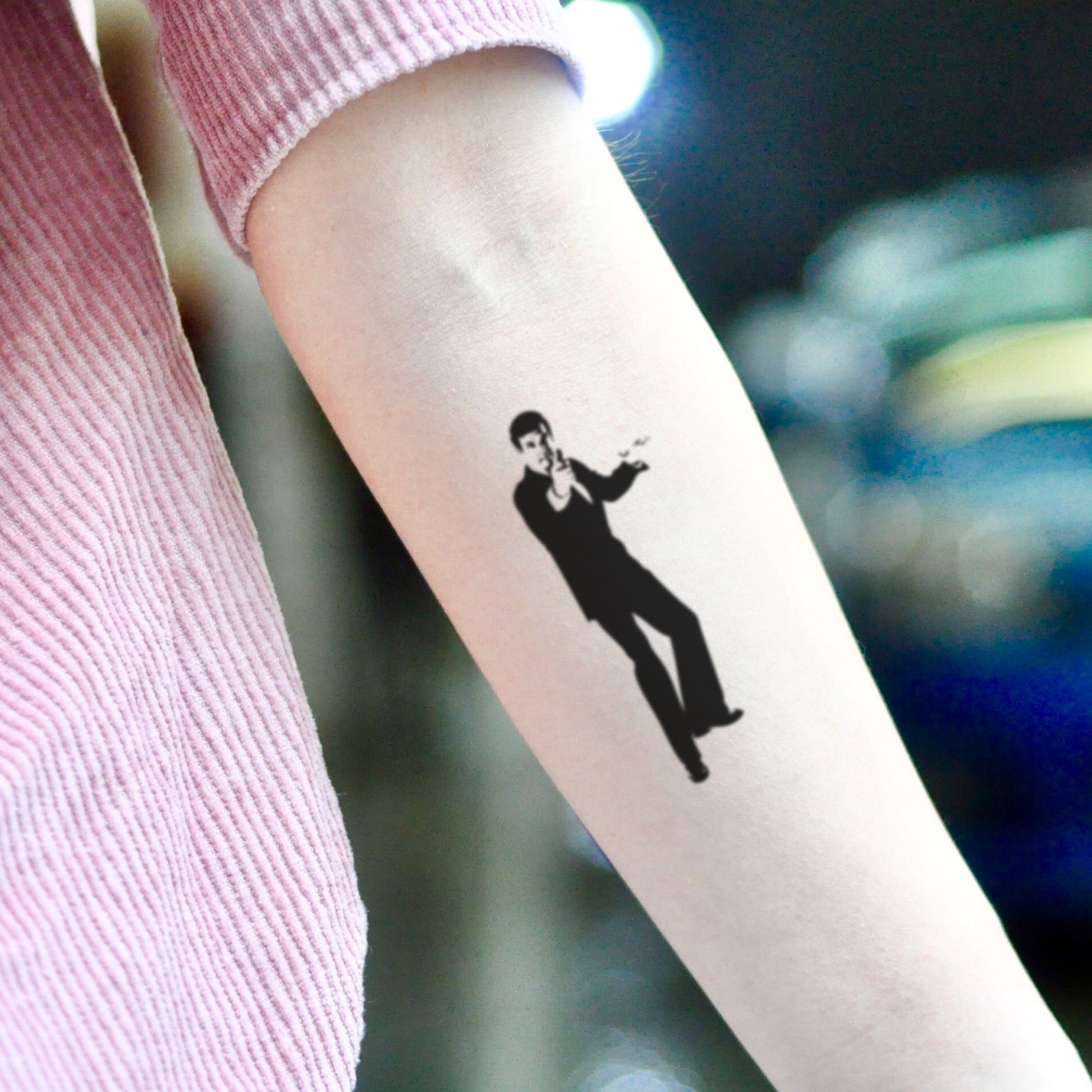 fake small james bond portrait temporary tattoo sticker design idea on inner arm