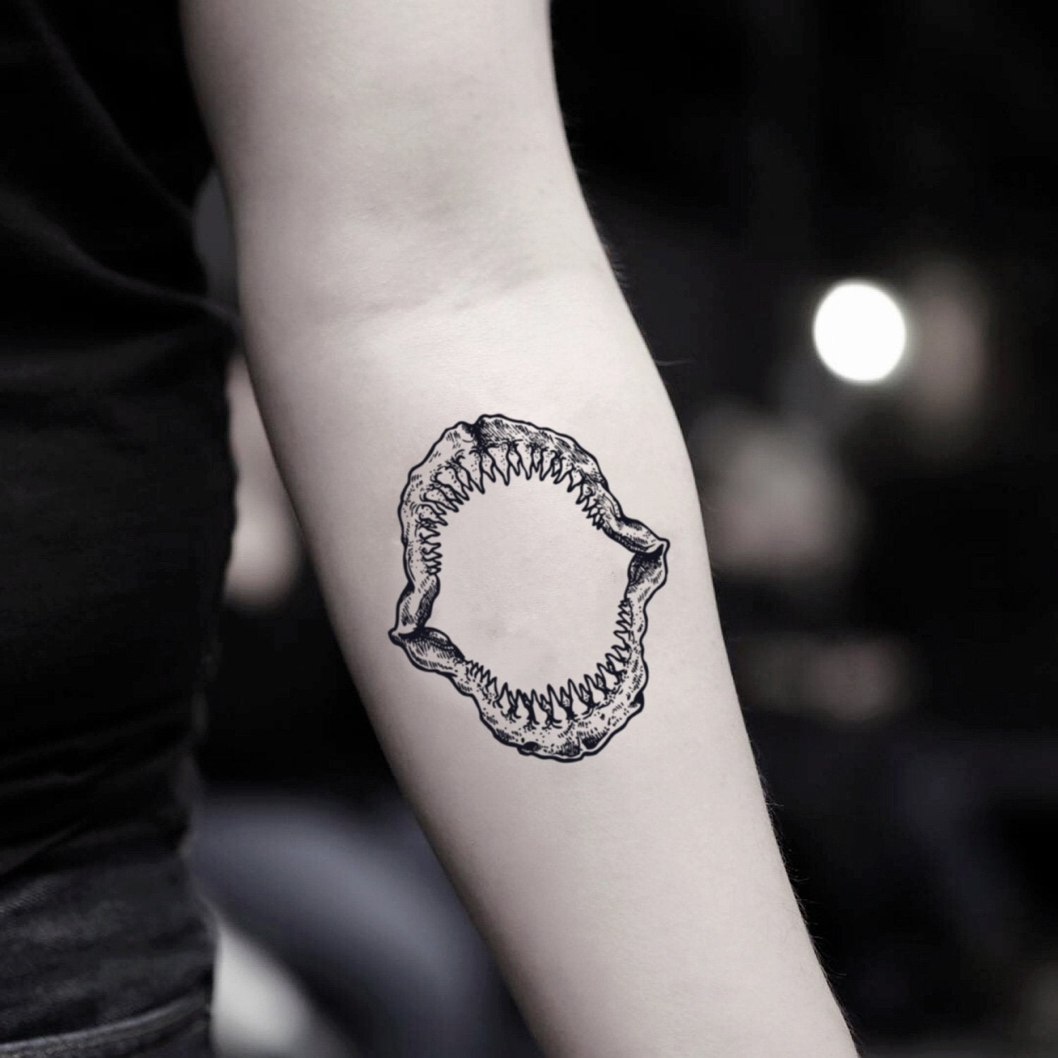 fake small great white shark jaws megalodon animal temporary tattoo sticker design idea on inner arm