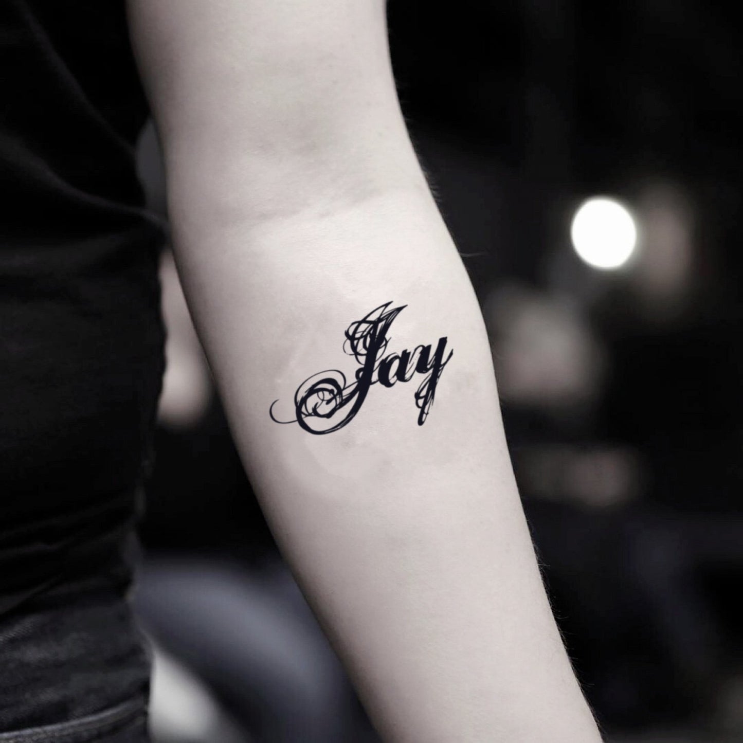 fake small jay lettering temporary tattoo sticker design idea on inner arm