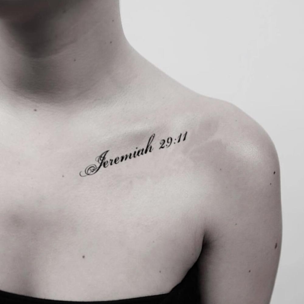 fake small jeremiah 29 11 lettering temporary tattoo sticker design idea on shoulder