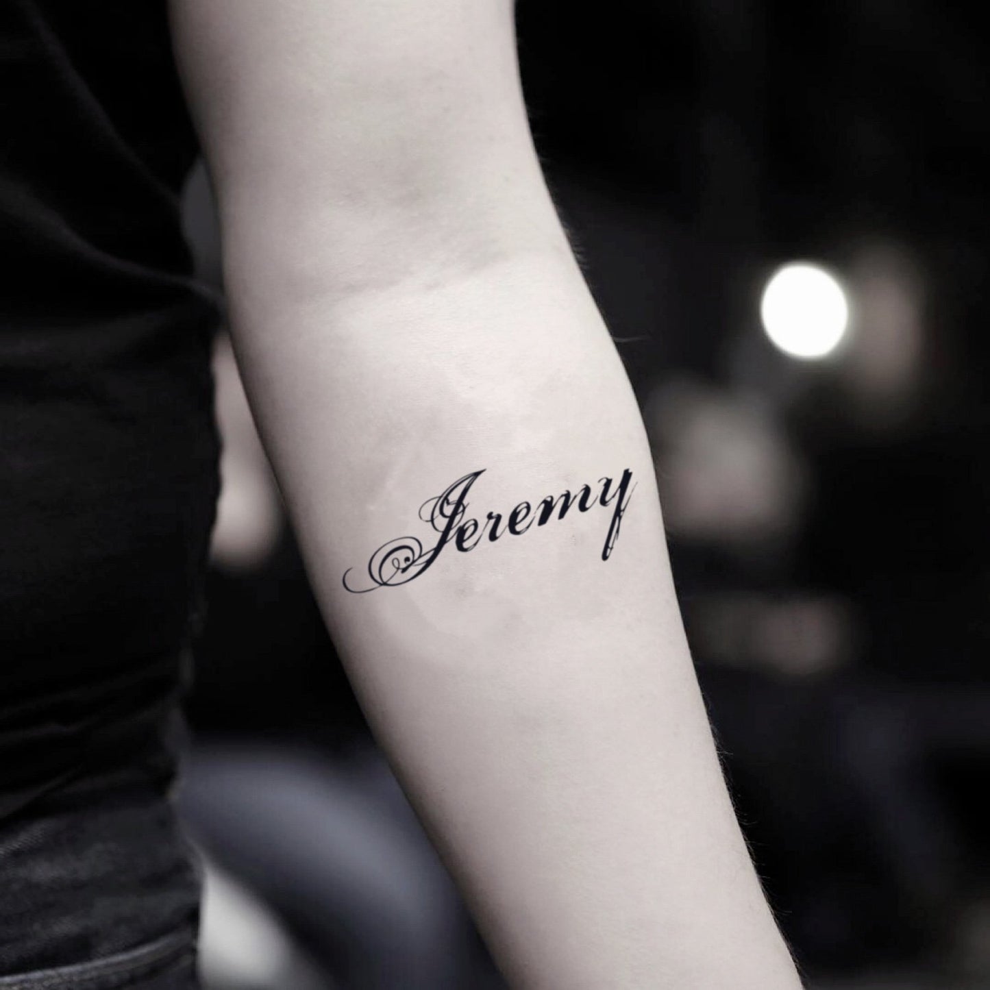 fake small jeremy renner lettering temporary tattoo sticker design idea on inner arm