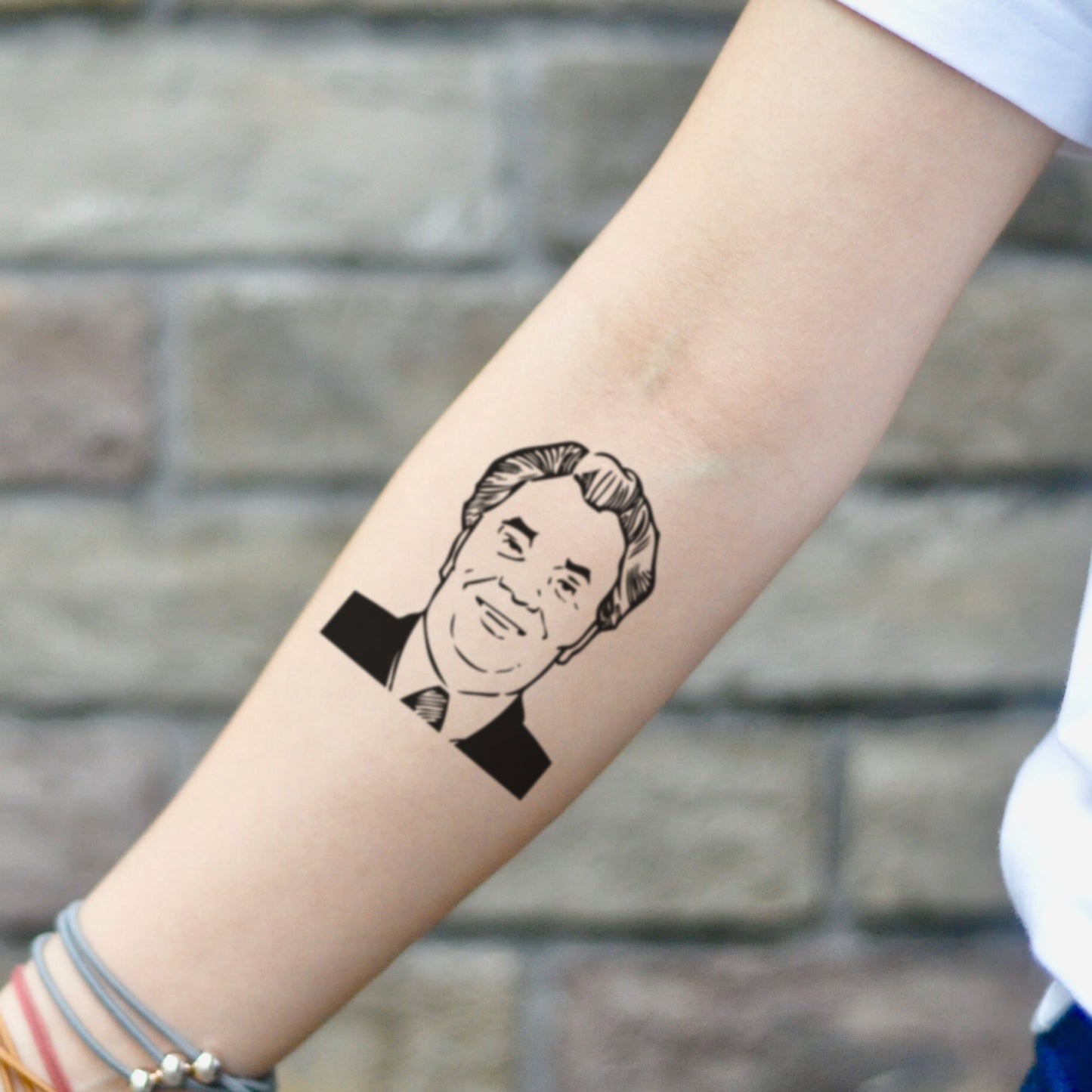 fake small john gotti portrait temporary tattoo sticker design idea on inner arm