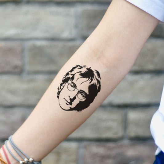 fake small john lennon portrait temporary tattoo sticker design idea on inner arm