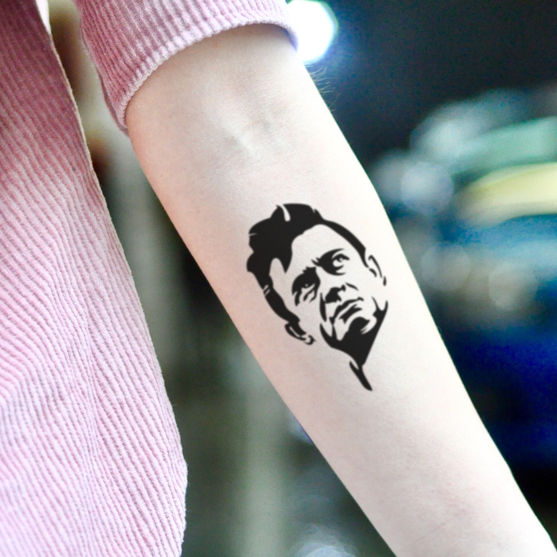 fake small johnny cash portrait temporary tattoo sticker design idea on inner arm