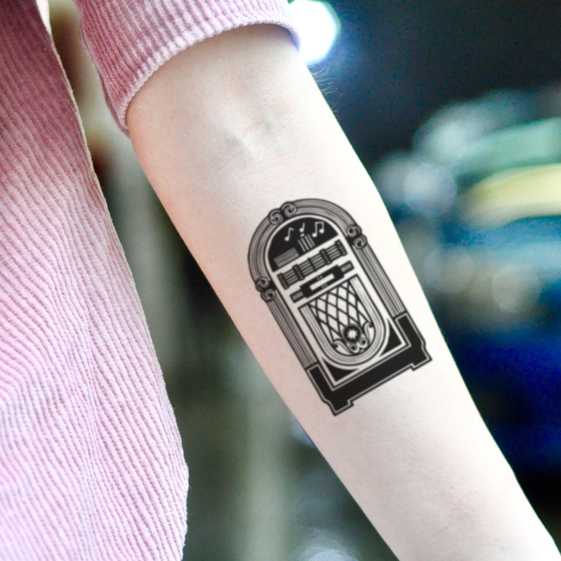 fake small jukebox vintage temporary tattoo sticker design idea on inner arm
