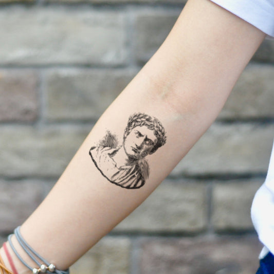 fake small julius caesar portrait temporary tattoo sticker design idea on inner arm