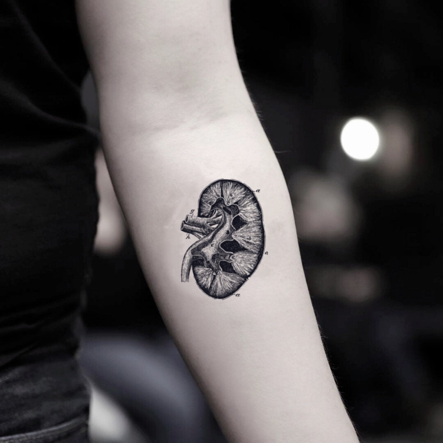 fake small kidney organ donor illustrative temporary tattoo sticker design idea on inner arm