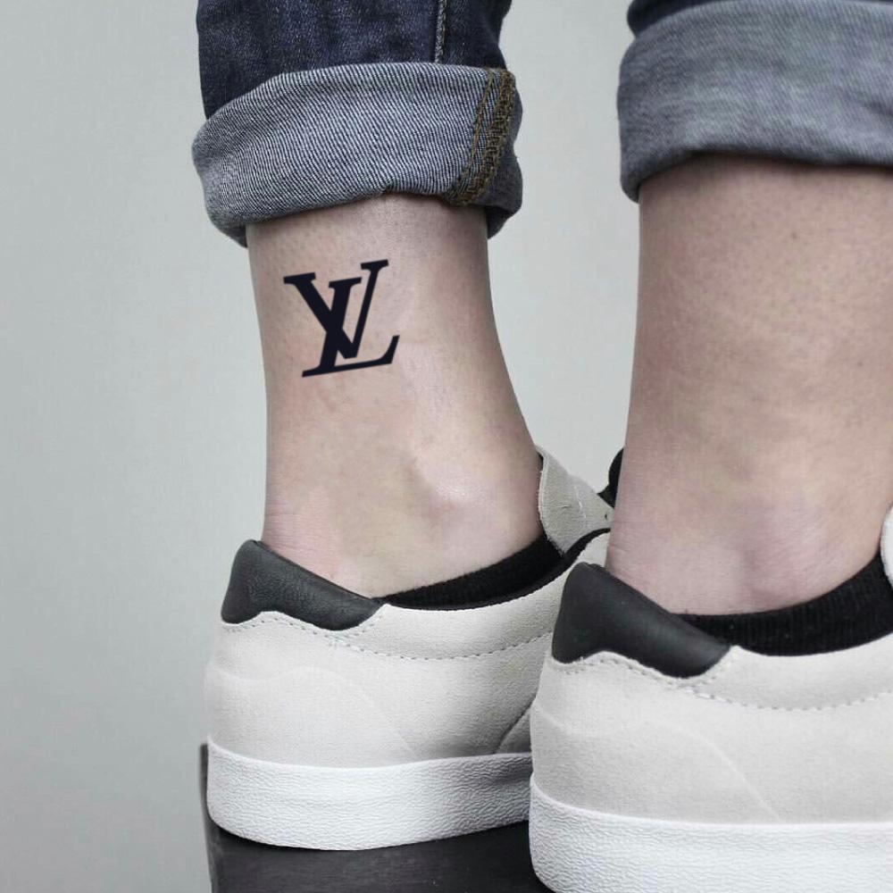 fake small lv louis vuitton lettering temporary tattoo sticker design idea on ankle