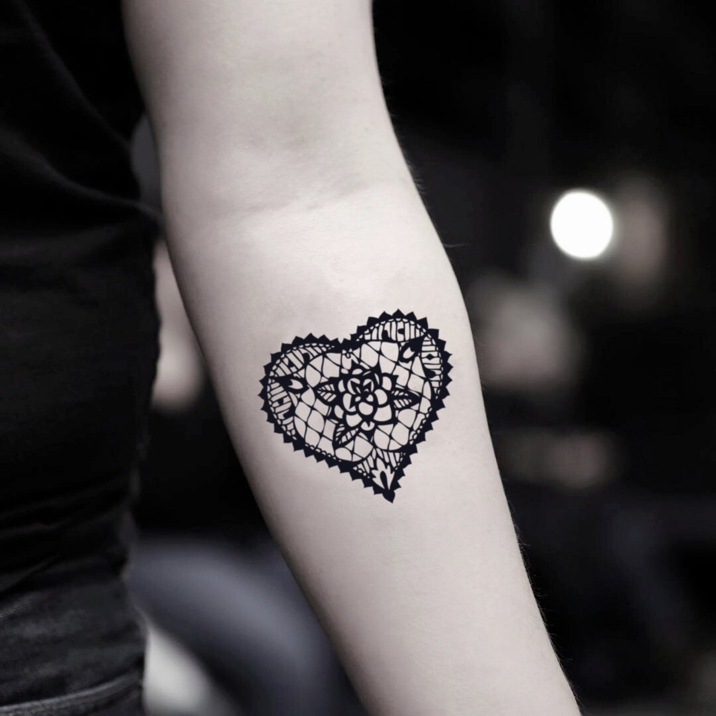 fake small lace flower heart bohemian temporary tattoo sticker design idea on inner arm