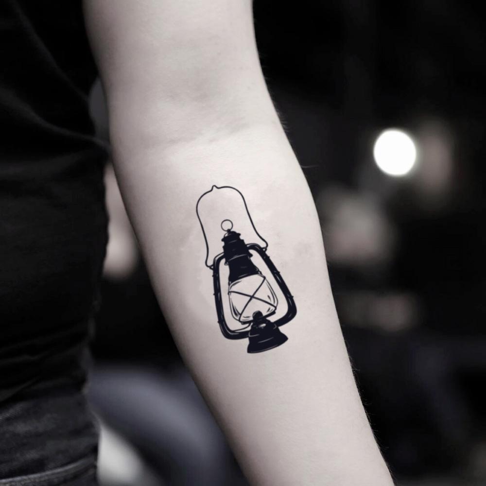 fake small black lantern great gatsby illustrative temporary tattoo sticker design idea on inner arm