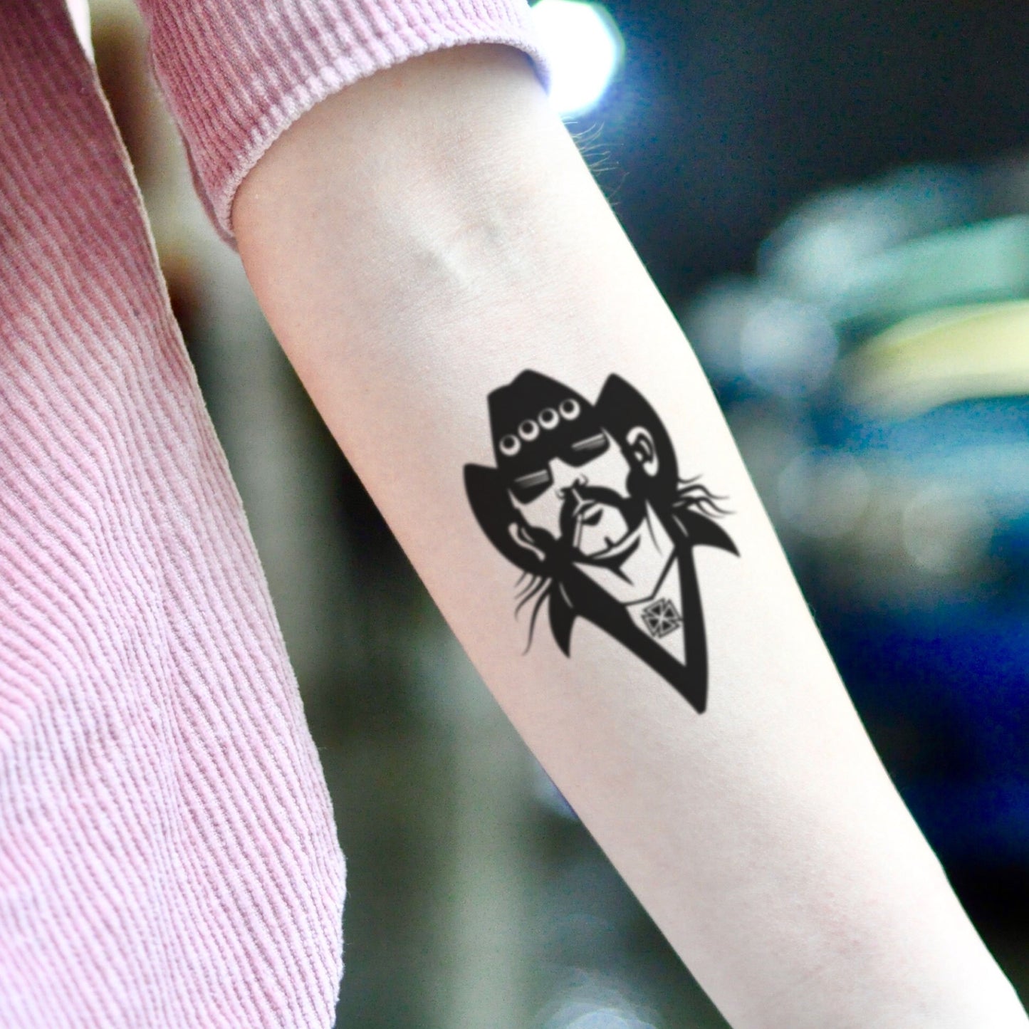 fake small lemmy kilmister portrait temporary tattoo sticker design idea on inner arm