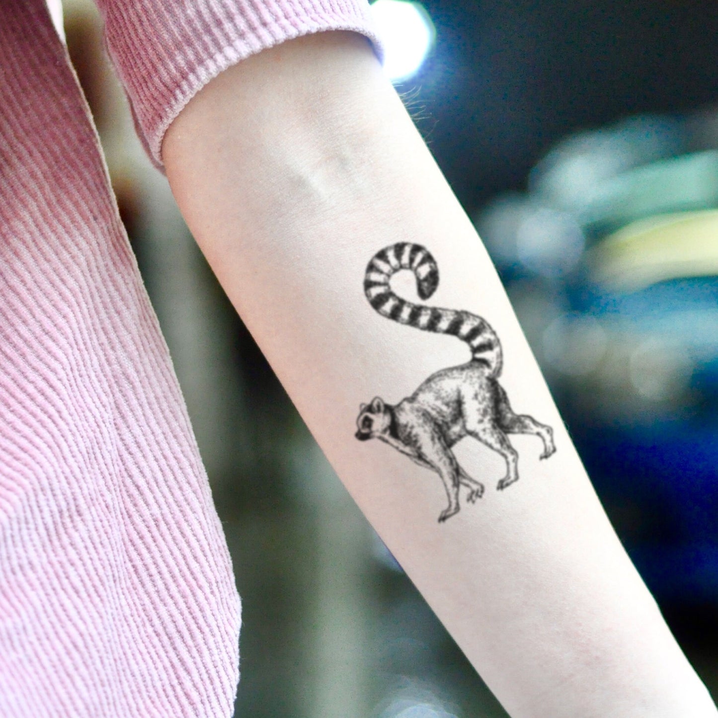 fake small lemur animal temporary tattoo sticker design idea on inner arm