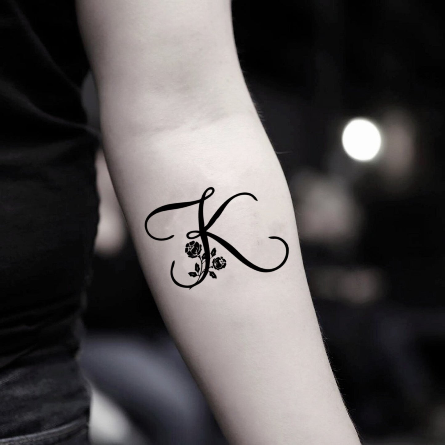 fake small letter k initial lettering temporary tattoo sticker design idea on inner arm