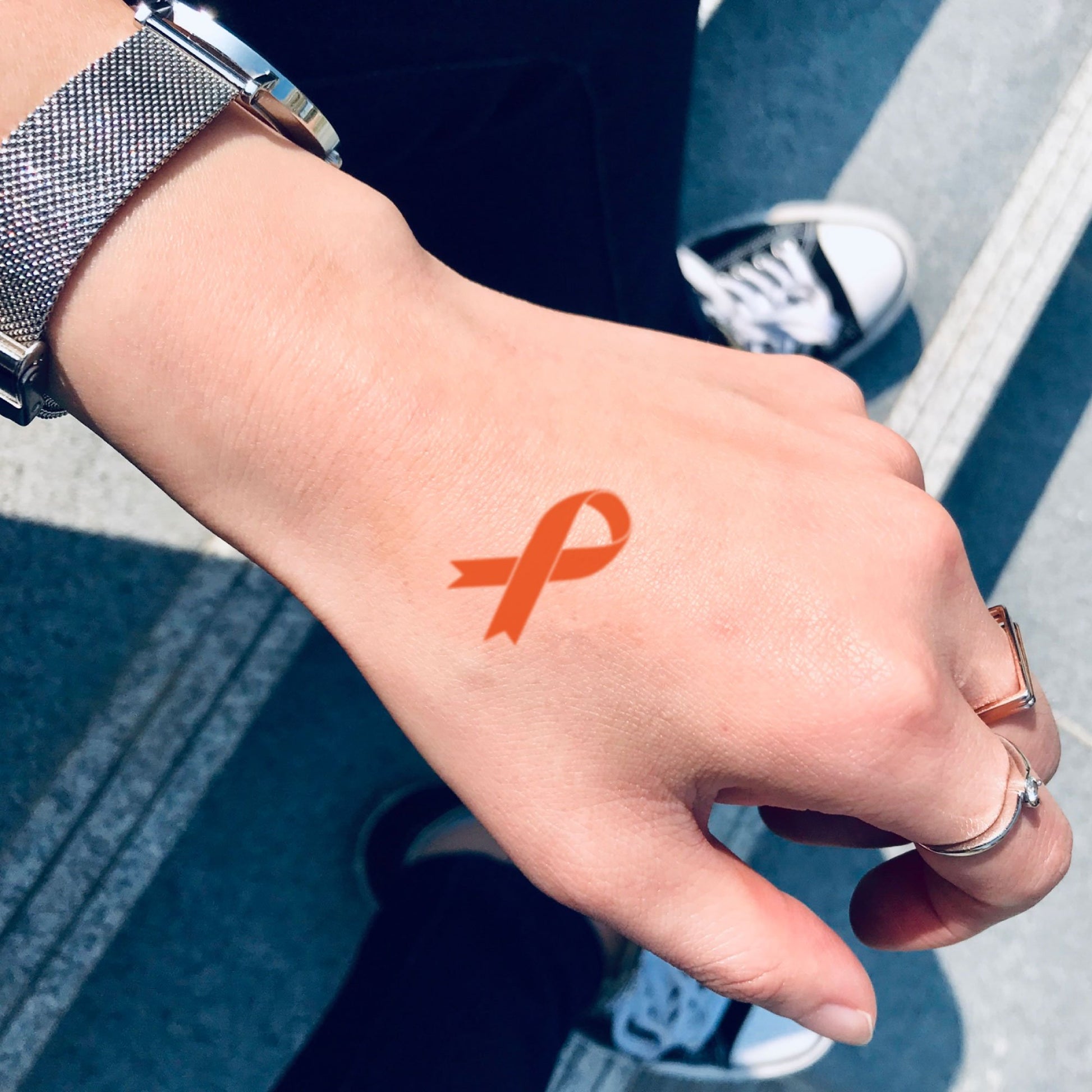 fake small leukemia orange ribbon color temporary tattoo sticker design idea on hand