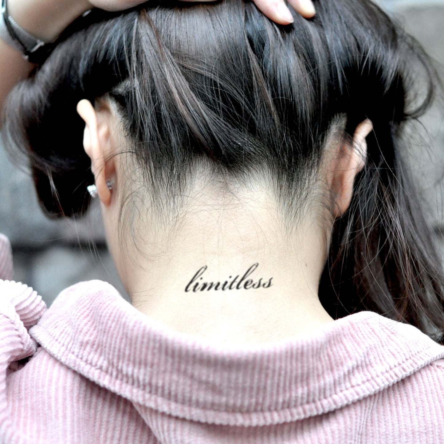 fake small limitless lettering temporary tattoo sticker design idea on neck
