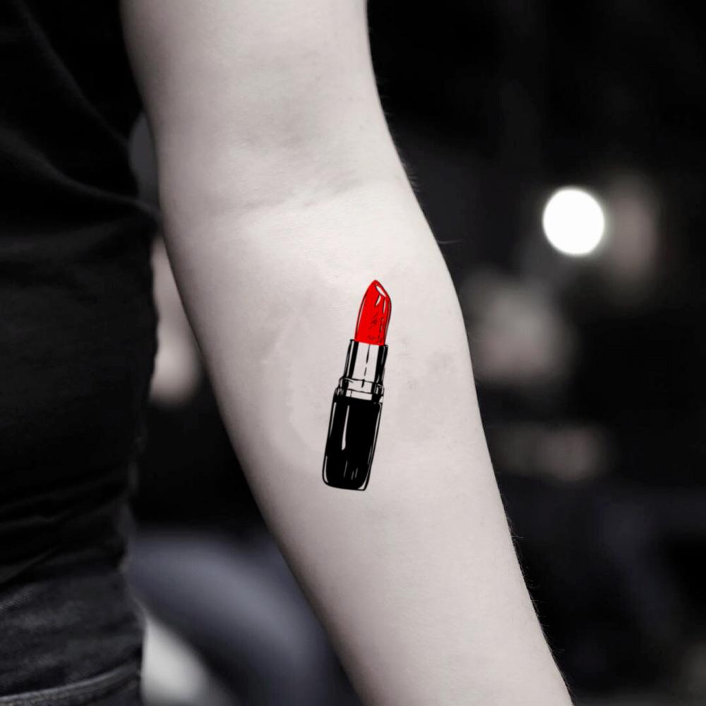 fake small lipstick color temporary tattoo sticker design idea on inner arm