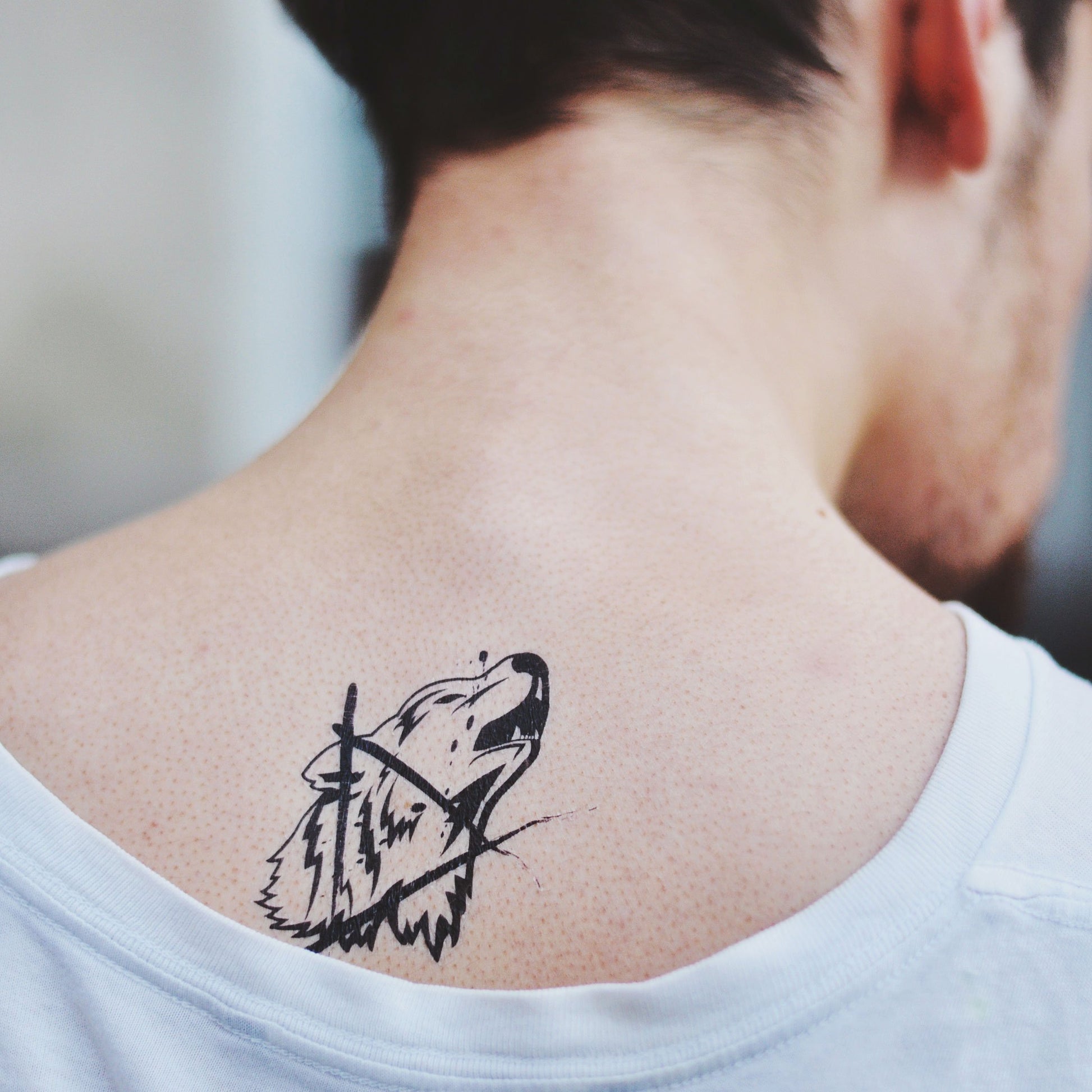 fake small little lone wolf werewolf coyote back tattoo for men animal temporary tattoo sticker design idea on back