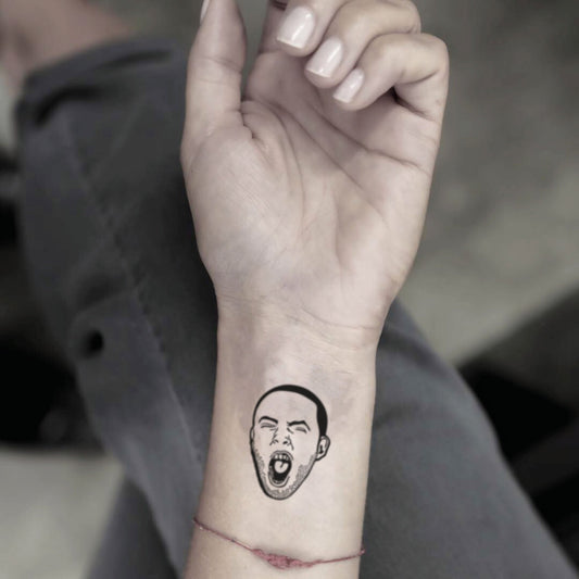 fake small mac miller portrait temporary tattoo sticker design idea on wrist