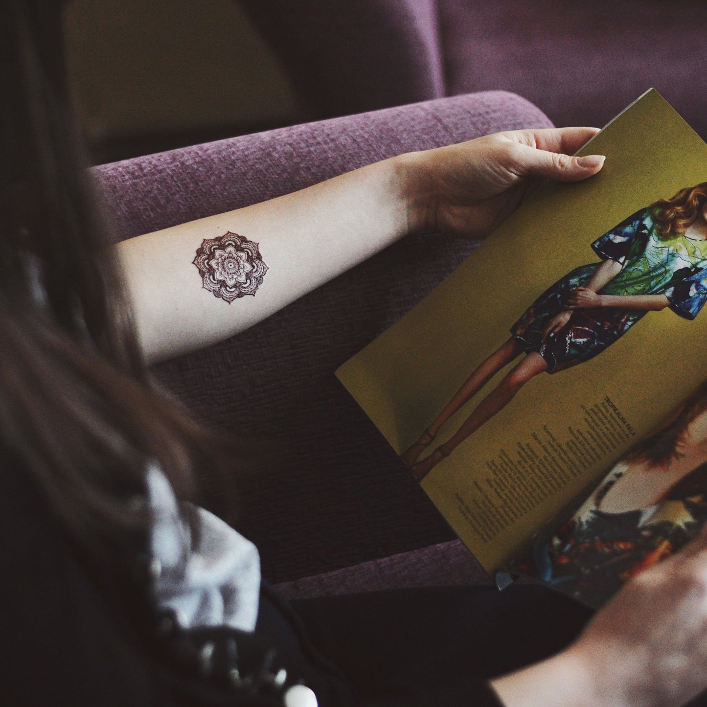 fake small mandala color bohemian temporary tattoo sticker design idea on forearm