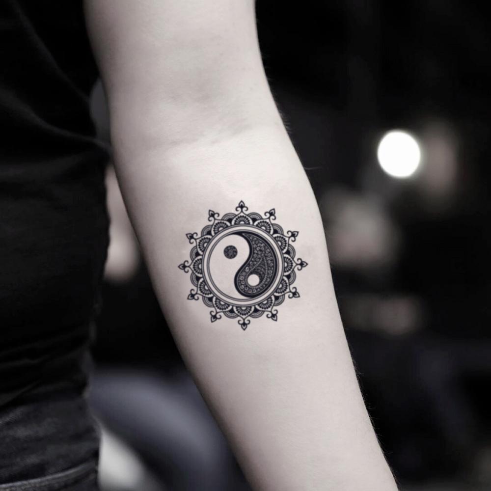 fake small mandala yin yang symbol bohemian temporary tattoo sticker design idea on inner arm