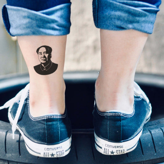fake small chairman mao zedong face head sketch portrait illustrative temporary tattoo sticker design idea on leg foot ankle calf