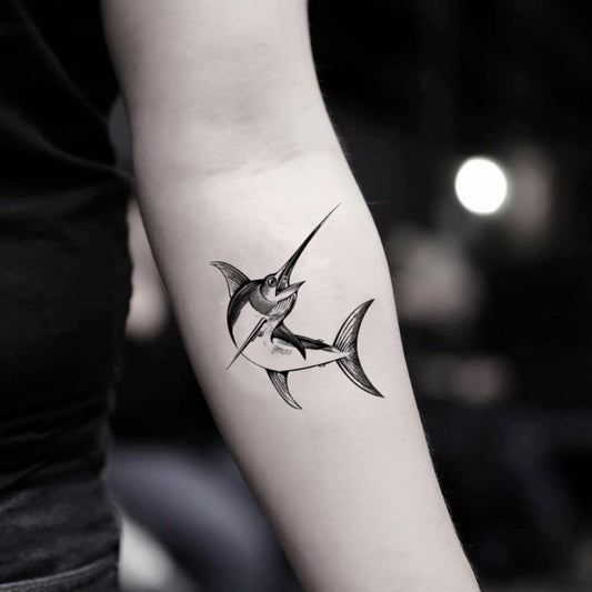 fake small marlin sailfish animal temporary tattoo sticker design idea on inner arm