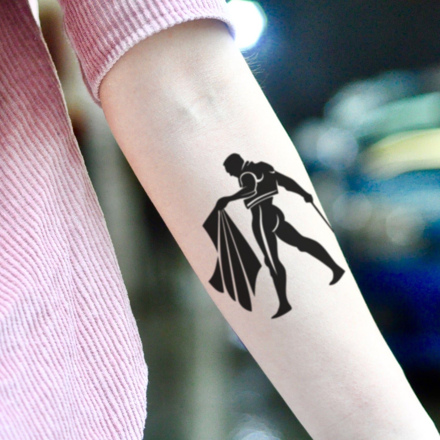 fake small matador minimalist temporary tattoo sticker design idea on inner arm