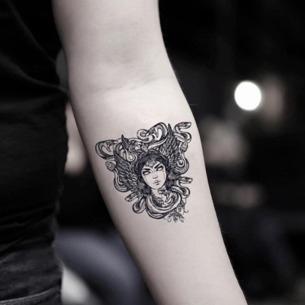fake small medusa head versace devil woman snake face illustrative temporary tattoo sticker design idea on inner arm