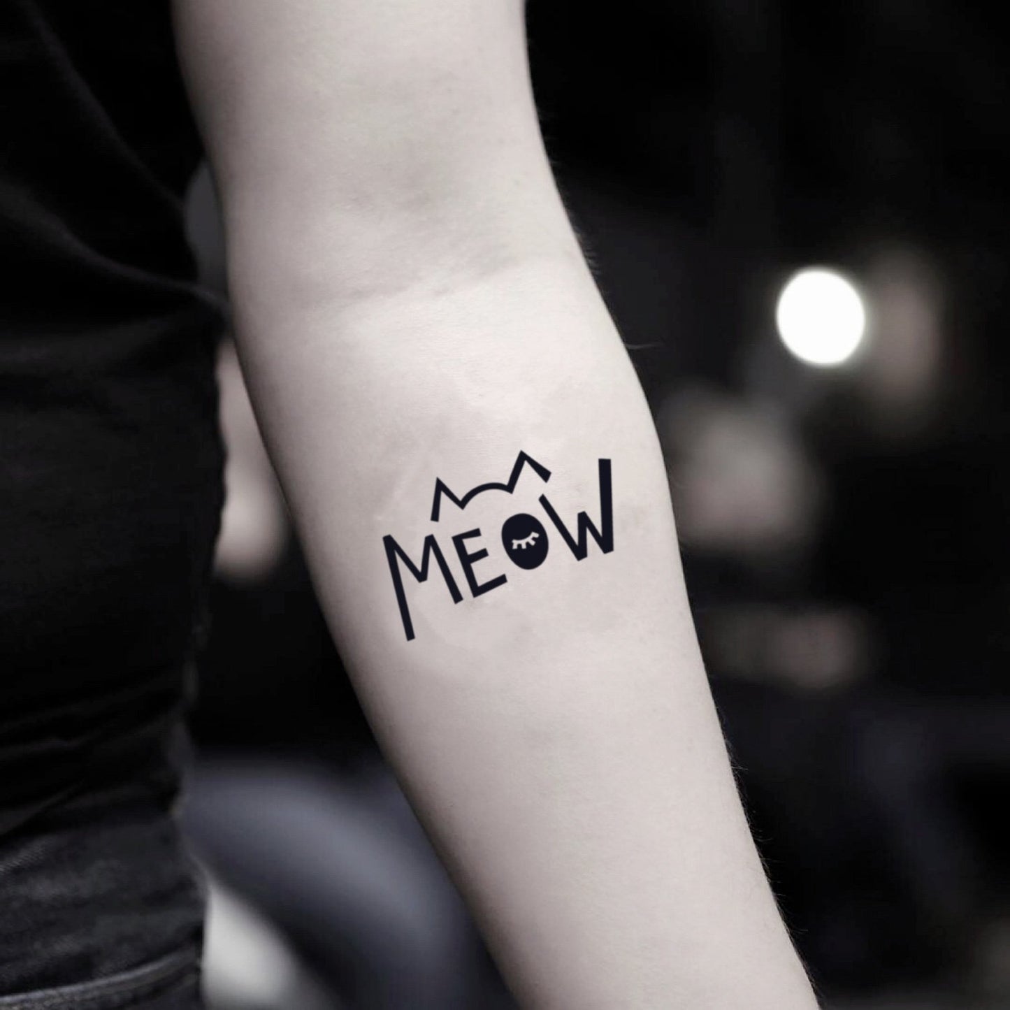 fake small meow lettering animal temporary tattoo sticker design idea on inner arm