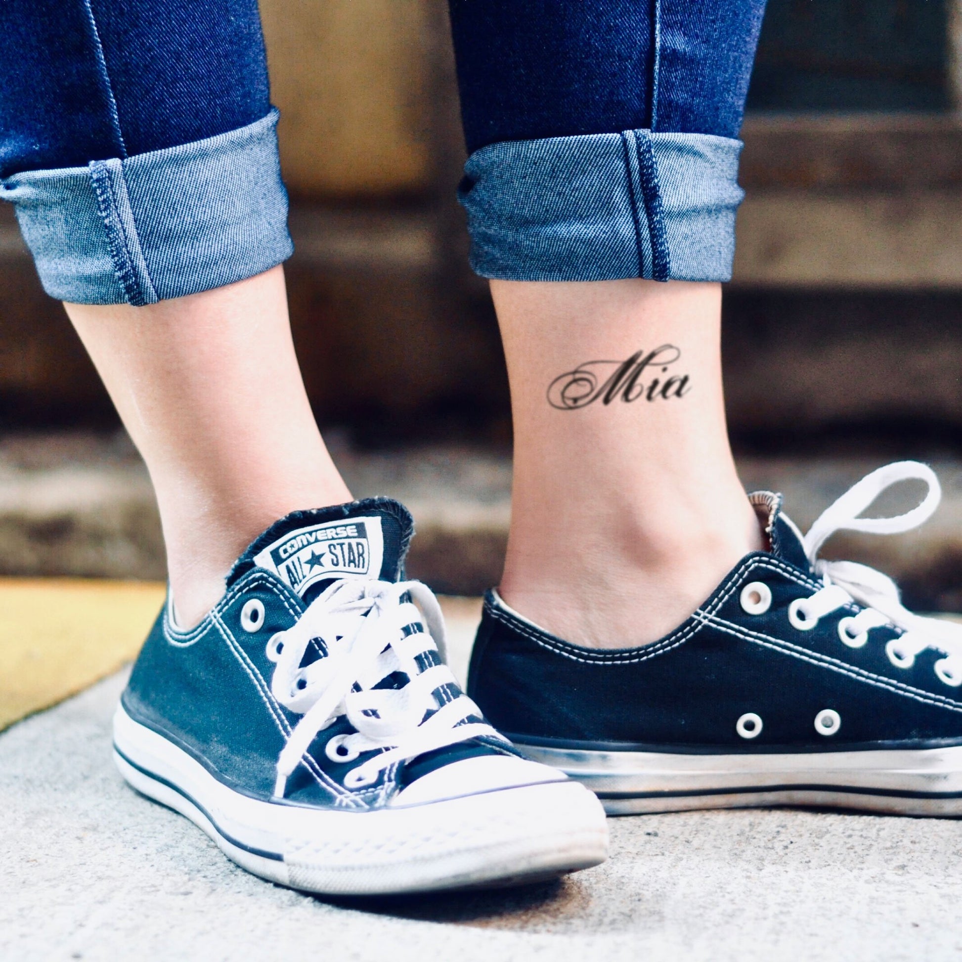 fake small mia name lettering temporary tattoo sticker design idea on ankle