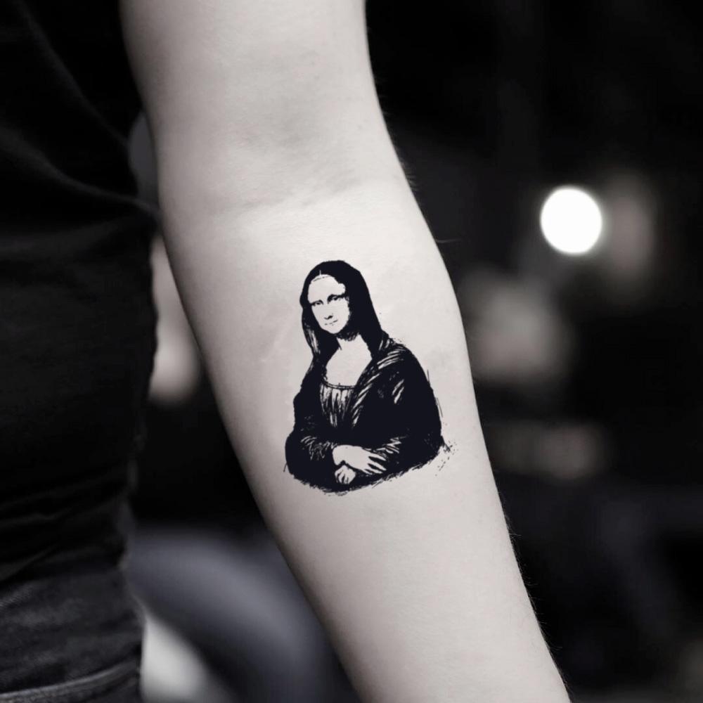 fake small mona lisa portrait temporary tattoo sticker design idea on inner arm
