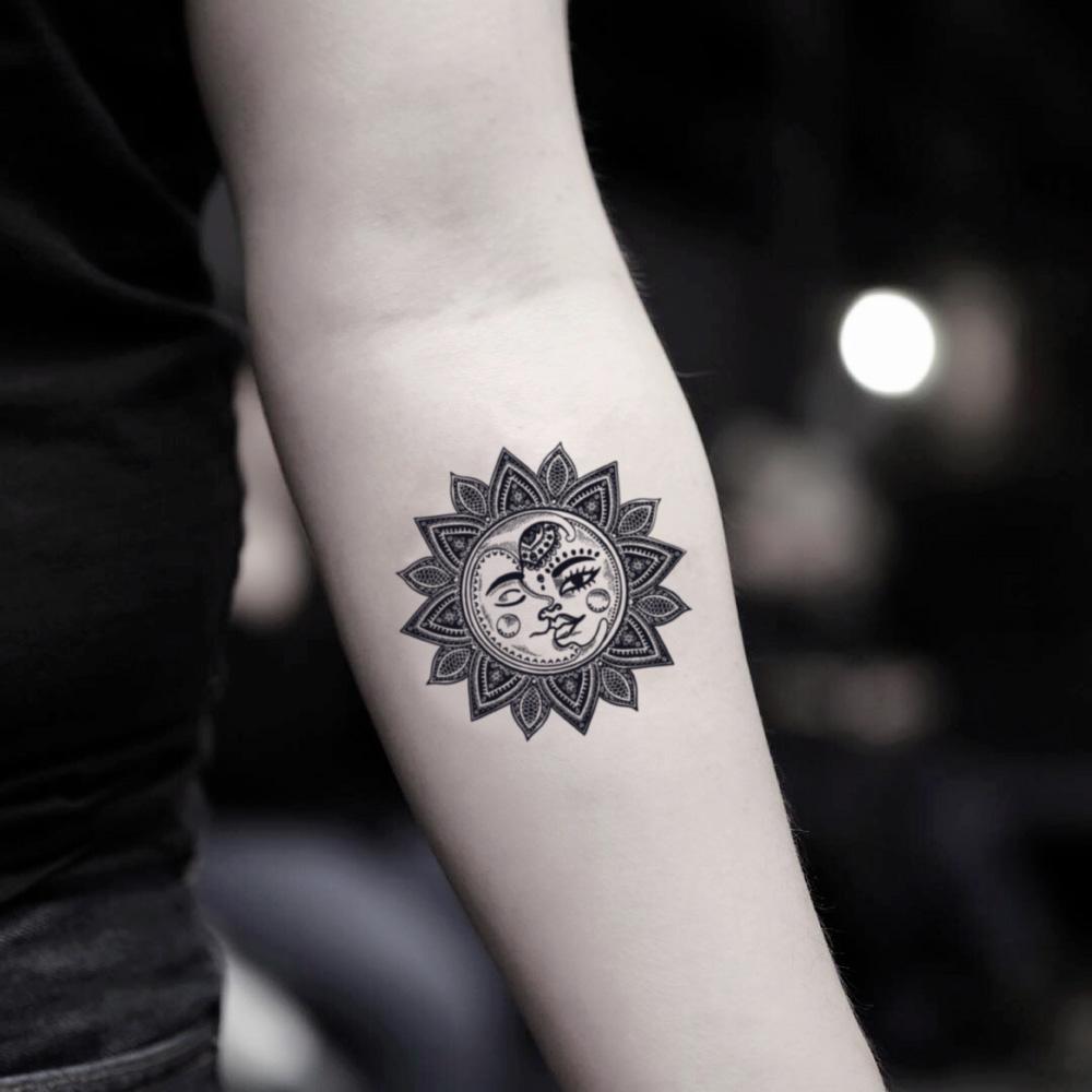 fake small moon & sun face mandala sol y luna nature temporary tattoo sticker design idea on inner arm