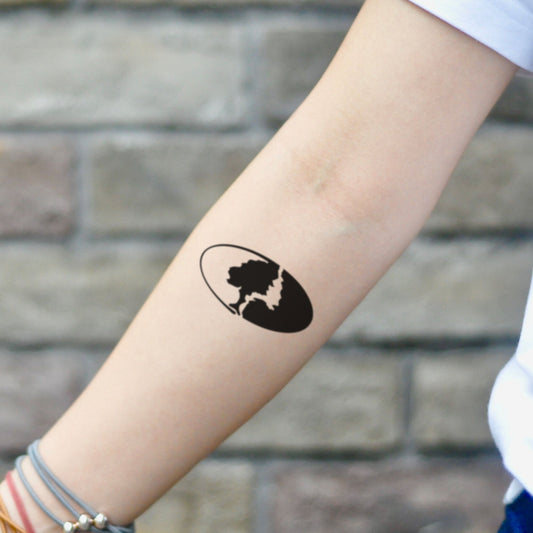 fake small mossy oak minimalist temporary tattoo sticker design idea on inner arm