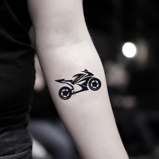 fake small motorcycle moto motocross chopper dirt sports bike rider illustrative temporary tattoo sticker design idea on inner arm